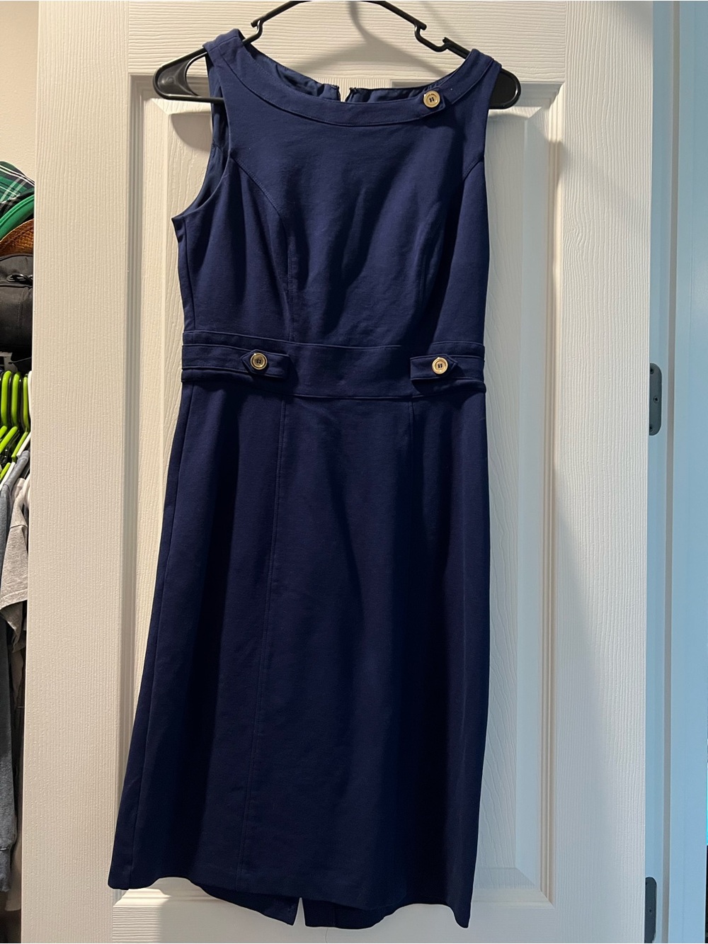 White House Black Market Navy Sleeveless Midi Dress with Button Accents